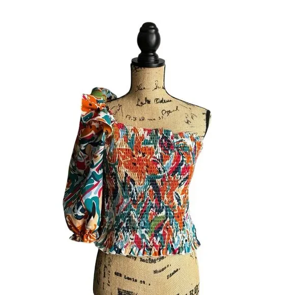 SHEIN Allover Print Ruffle One Shoulder Puff Sleeve Top XL NWOT - Picture 2 of 11